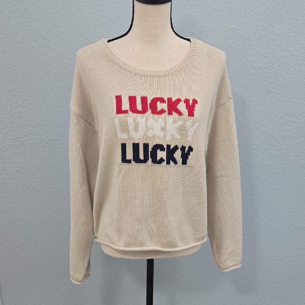 LUCKY BRAND 2025 Intarsia Tan Red White Blue Crewneck Sweater Rolled Hem Sz MED